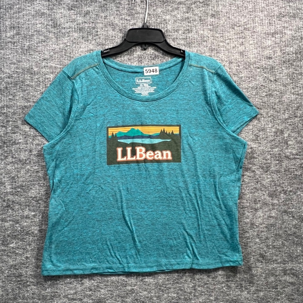 LL Bean Womens XL Regular Heathered Teal Graphic Tee Mountain Lake Logo 500781